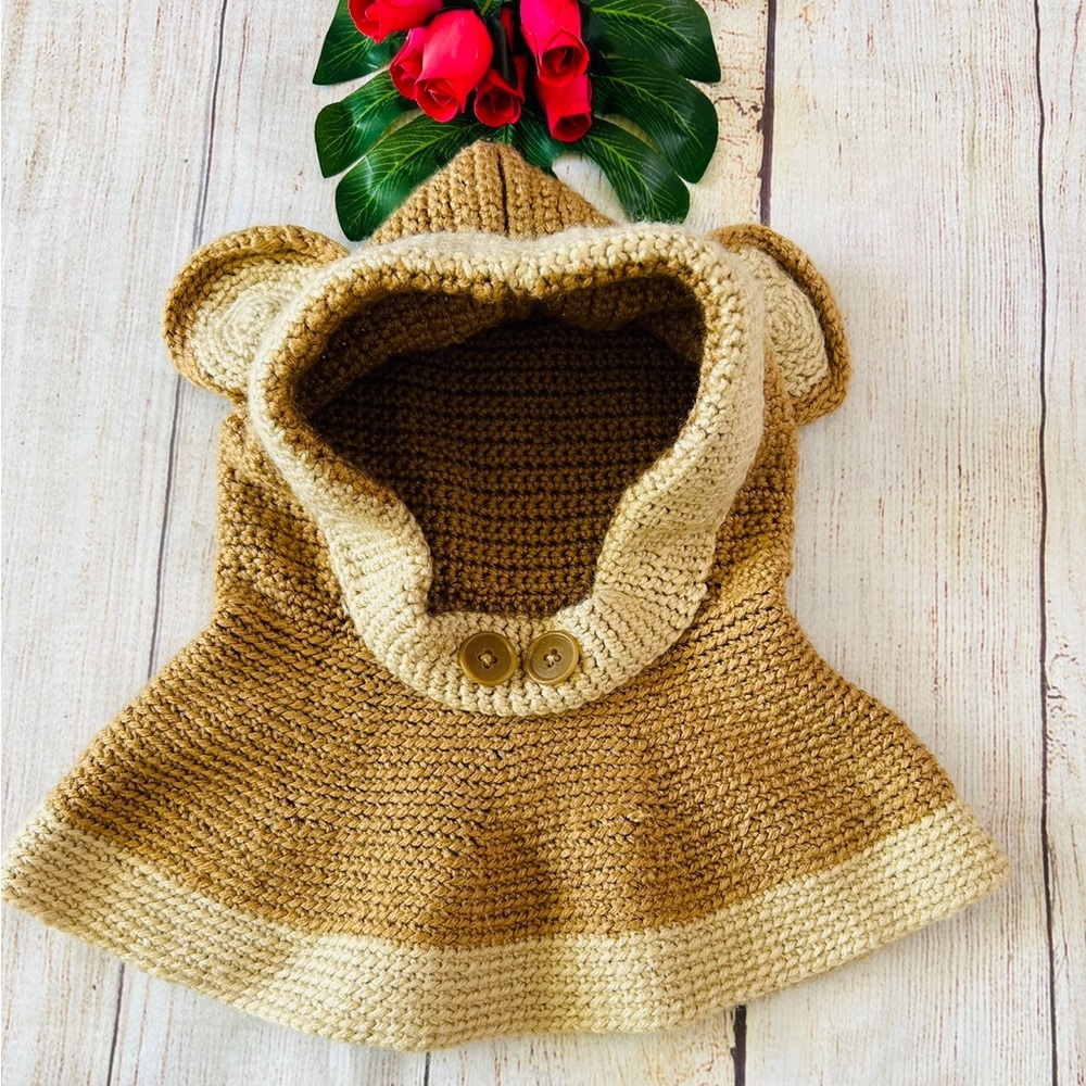 Handmade Kids Unisex Tan Beige Crochet Knit Bear Hat